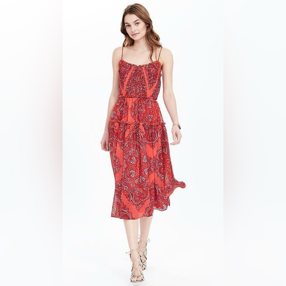 Banana Republic Paisley Strappy Midi Dress, Fire Coral SIZE 16
